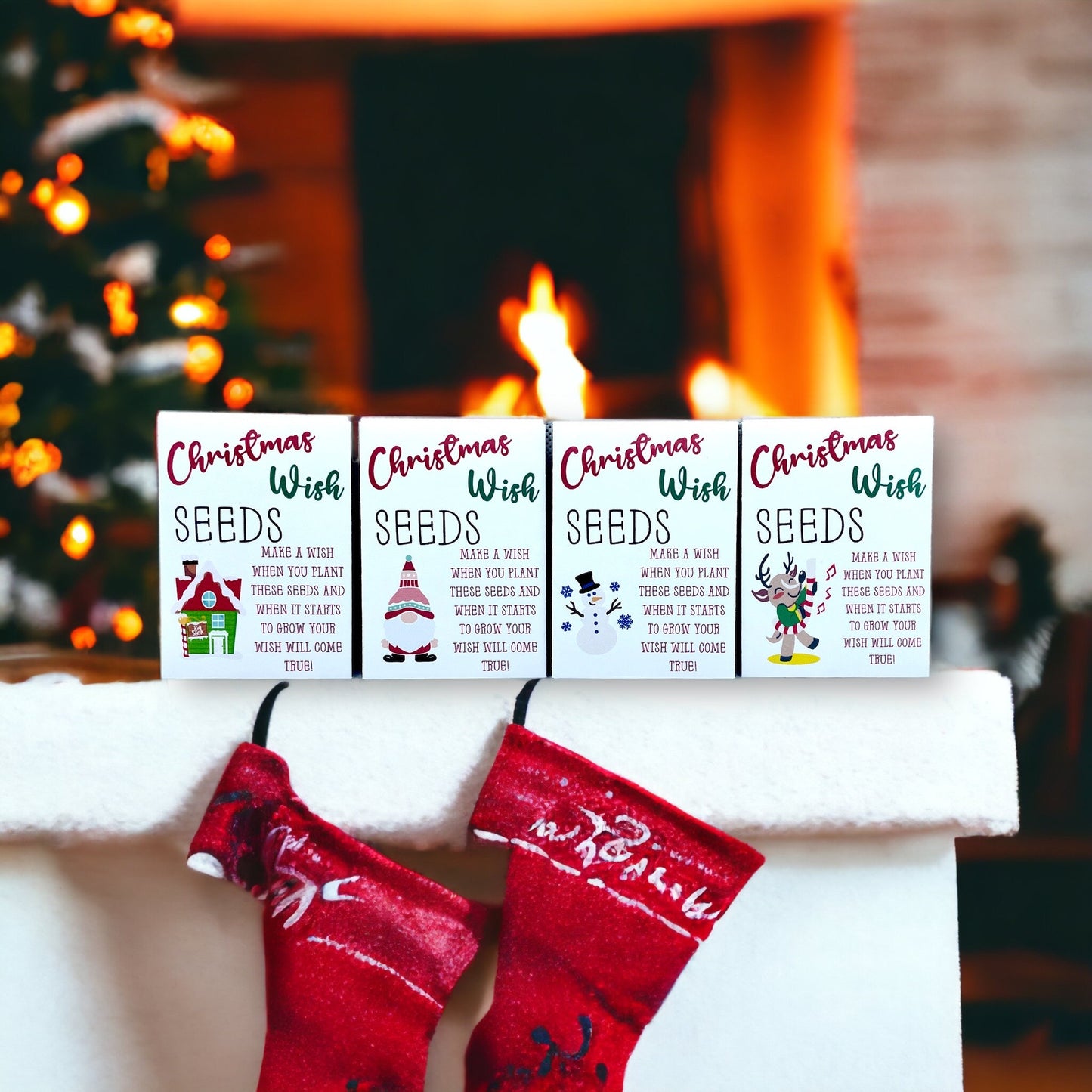 Four 'Christmas Wish Seeds' packets on a mantel above red stockings, with Santa's house, gnome, snowman and dancing reindeer designs and the words 'Make a wish when you plant these seeds and when it starts to grow your wish will come true!'