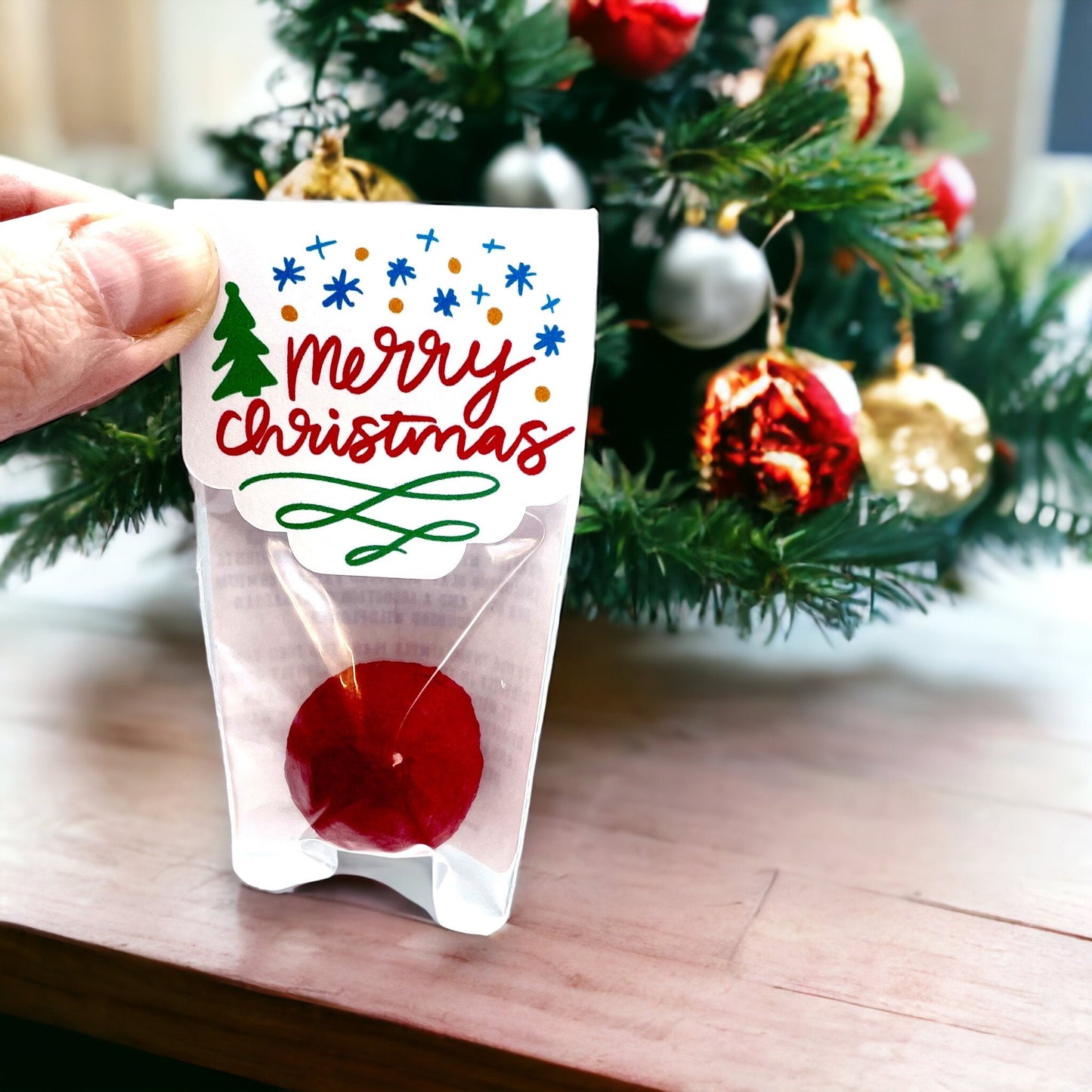 Hand holding an individually wrapped red Christmas seed bomb with a 'Merry Christmas' card topper decorated with snowflakes and a small green tree