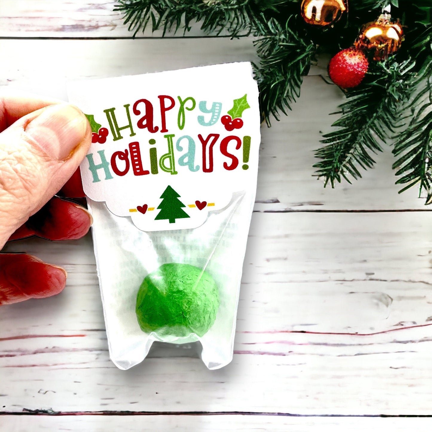Hand holding an individually wrapped light green Christmas seed bomb with a colourful 'Happy Holidays!' card topper
