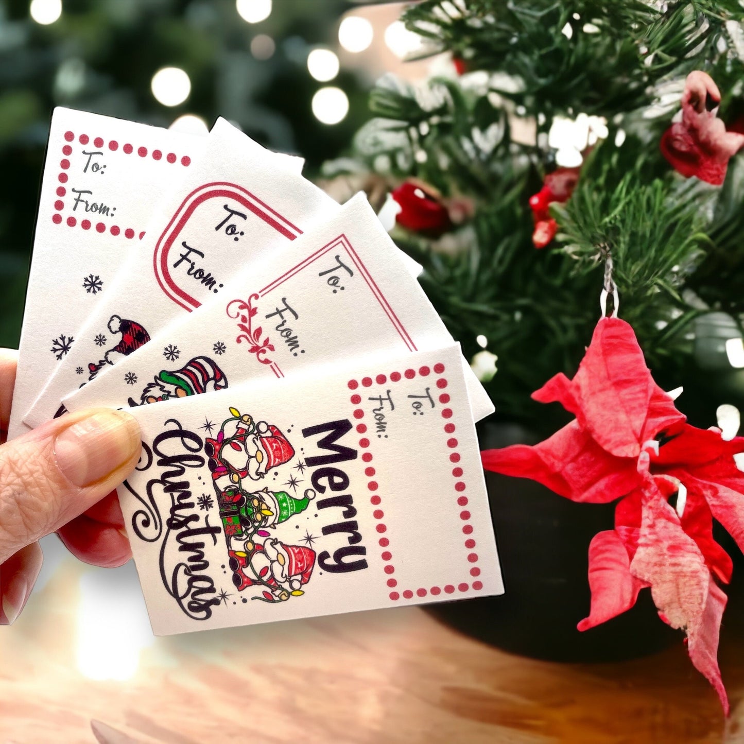 Hand holding a fanned set of Christmas gnome seed packets beside a poinsettia and Christmas tree, the front packet showing three gnomes tangled in Christmas lights with the words 'Merry Christmas' and To and From boxes