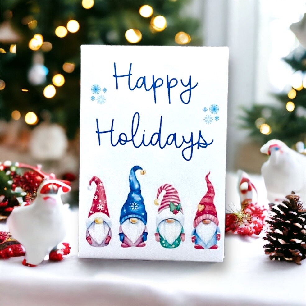 Christmas bird seed packet reading 'Happy Holidays' above four watercolour gnomes in tall pointed hats, beside ceramic bird ornaments and a pine cone