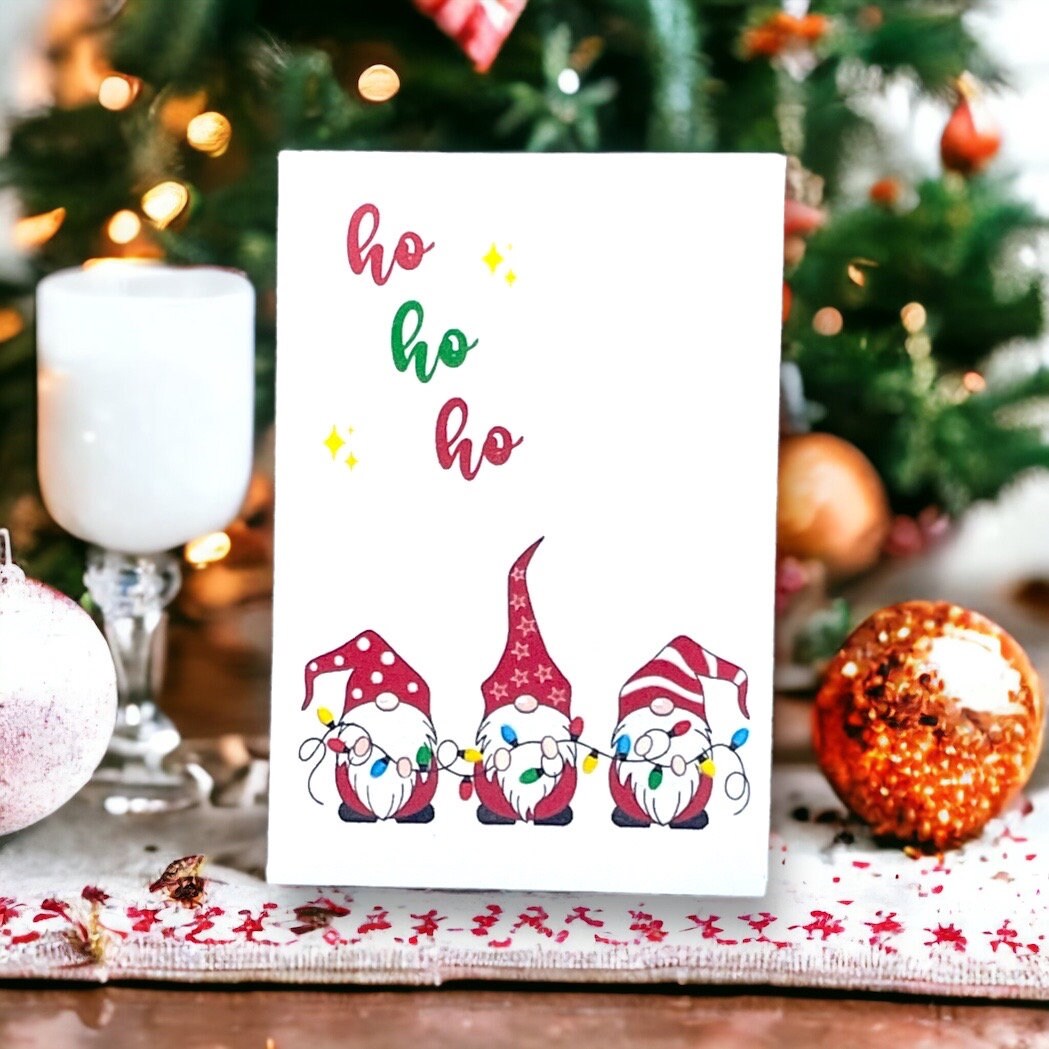 Christmas bird seed packet reading 'ho ho ho' above three gnomes in red hats holding a string of Christmas lights, beside a candle and a bauble