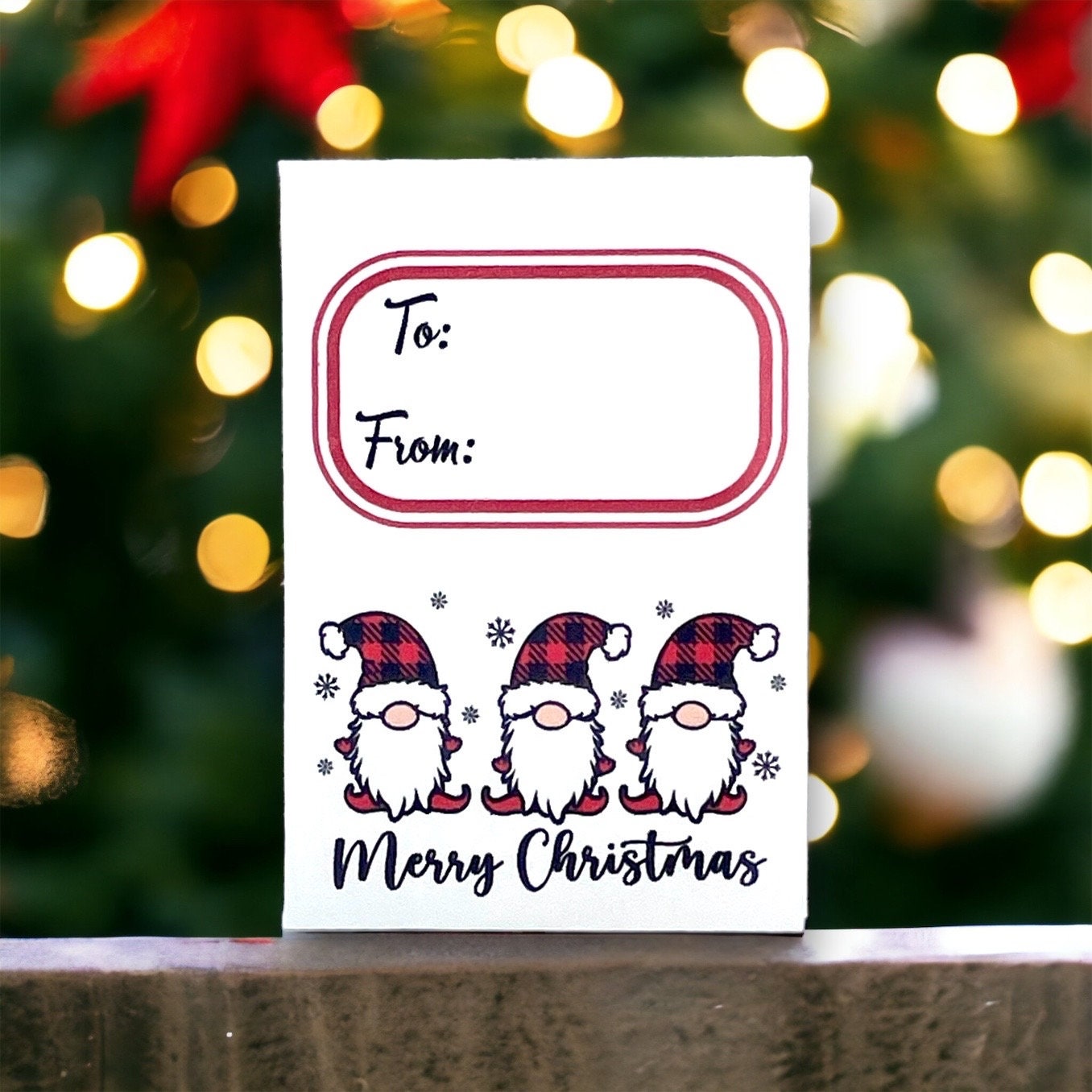 Christmas seed packet showing three gnomes in red buffalo-plaid hats above the words 'Merry Christmas', with a To and From box at the top, in front of Christmas tree lights