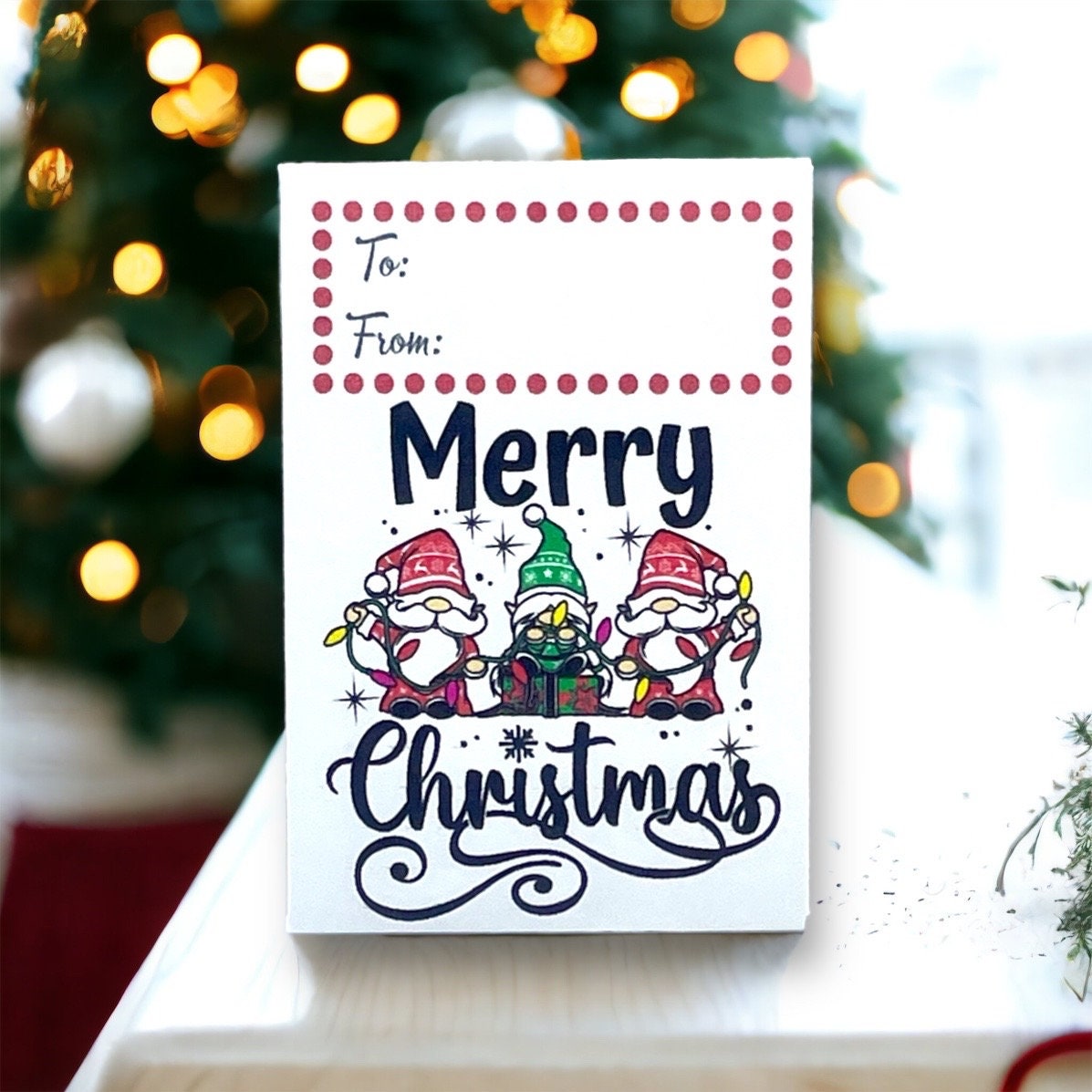 Christmas seed packet showing three gnomes holding a string of Christmas lights and a gift, between the words 'Merry' and 'Christmas', with a To and From box at the top