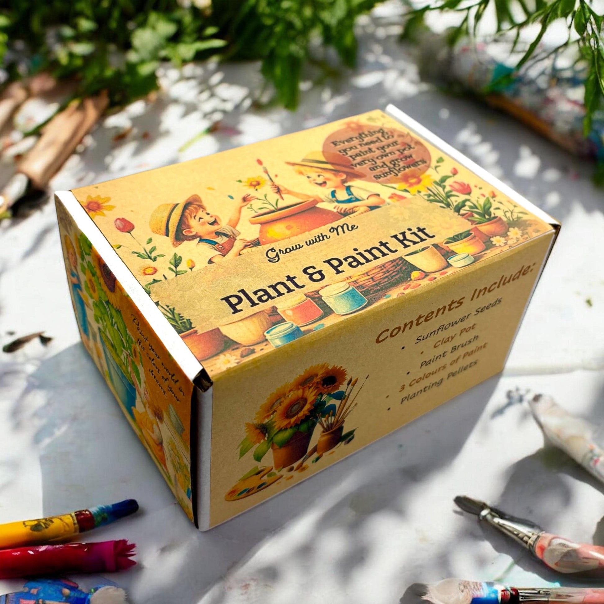 Paint, Plant & Grow DIY Kit with Clay Pot, Sunflower Seeds, Paint Brush, Paint, Soil