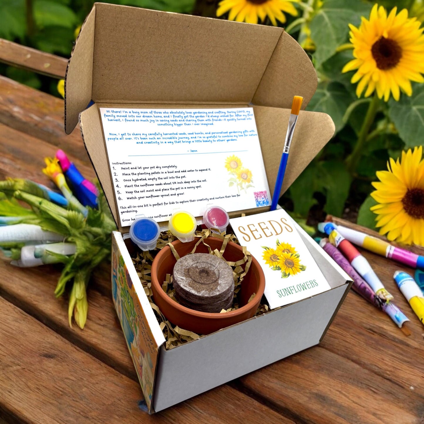 Paint, Plant & Grow DIY Kit with Clay Pot, Sunflower Seeds, Paint Brush, Paint, Soil