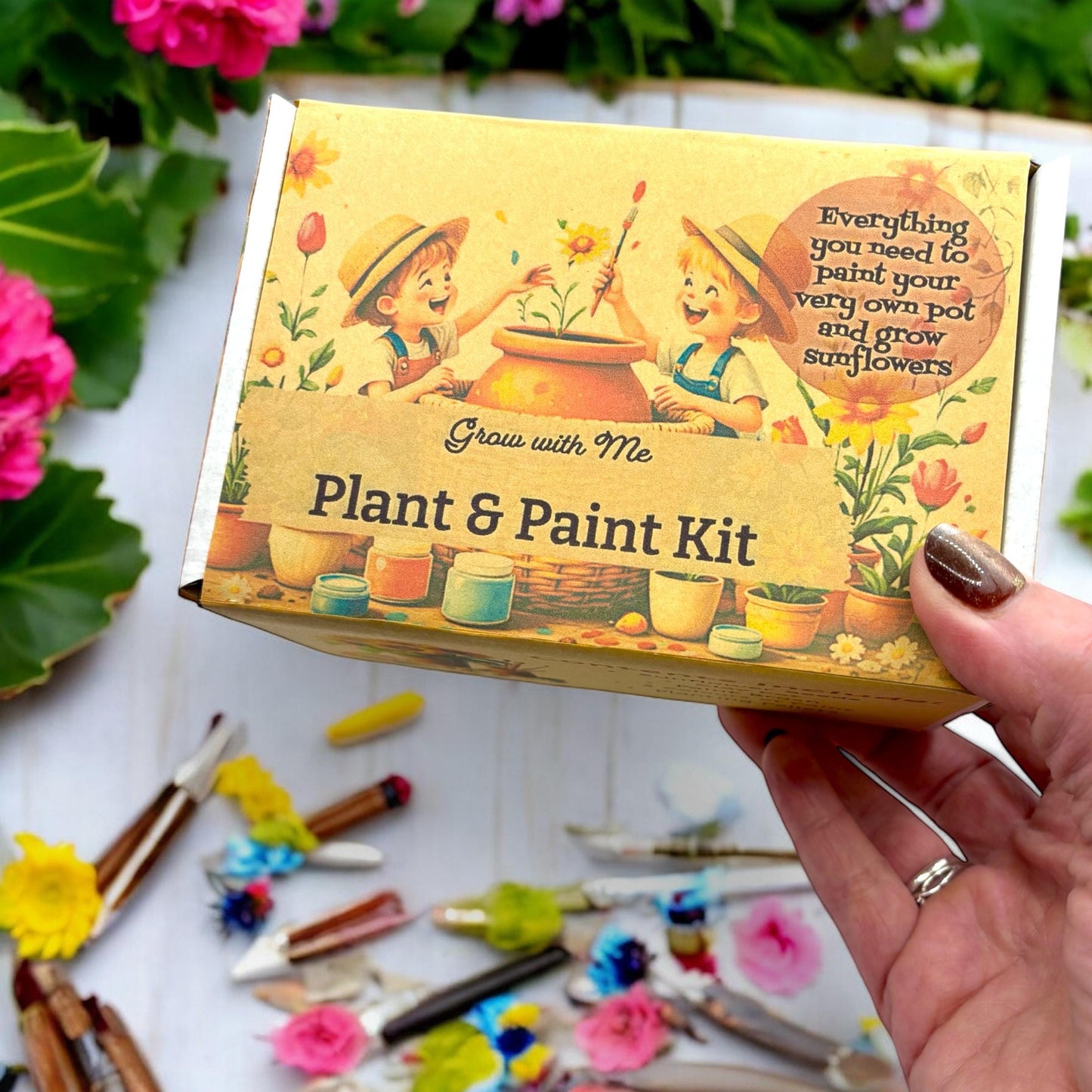 Paint, Plant & Grow DIY Kit with Clay Pot, Sunflower Seeds, Paint Brush, Paint, Soil