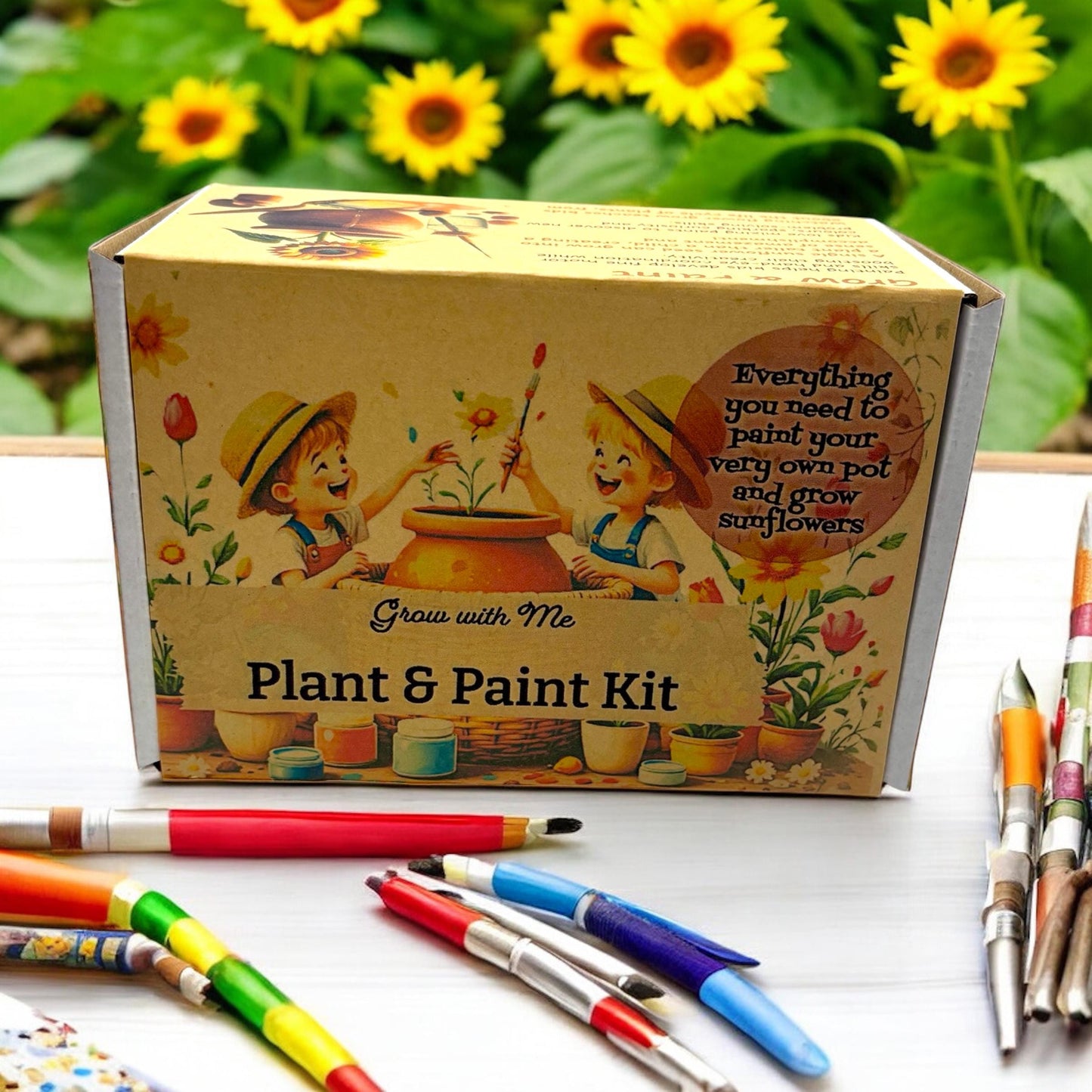 Paint, Plant & Grow DIY Kit with Clay Pot, Sunflower Seeds, Paint Brush, Paint, Soil